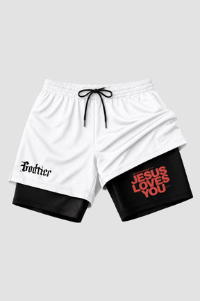 SHORTS DRY-FIT COMPRESSÃO 2 EM 1 - Jesus Loves You RED (com bolso interno)