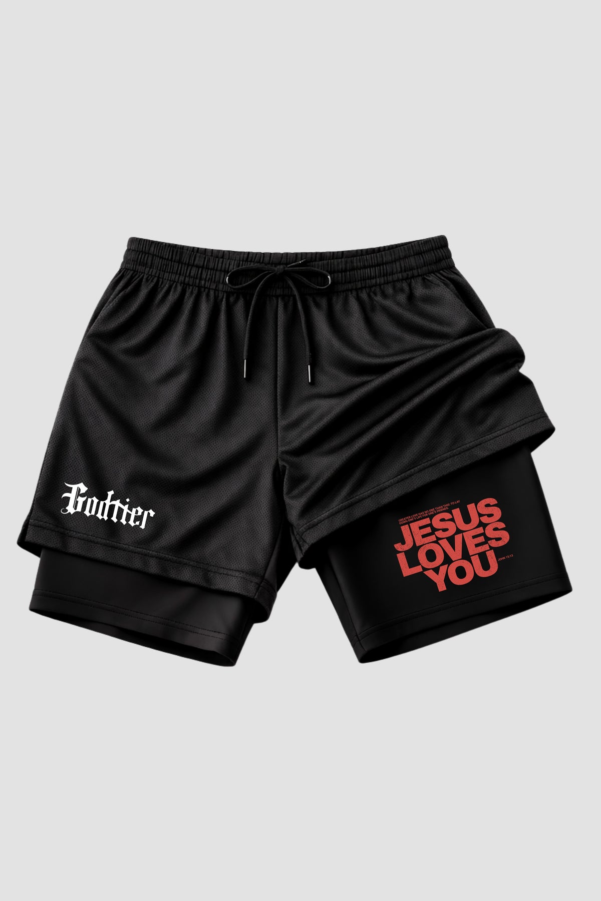SHORTS DRY-FIT COMPRESSÃO 2 EM 1 - Jesus Loves You RED (com bolso interno)