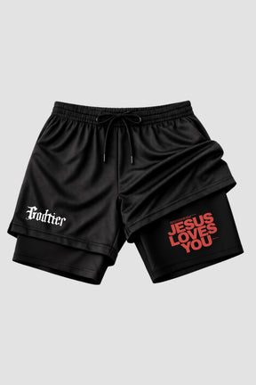 SHORTS DRY-FIT COMPRESSÃO 2 EM 1 - Jesus Loves You RED (com bolso interno)