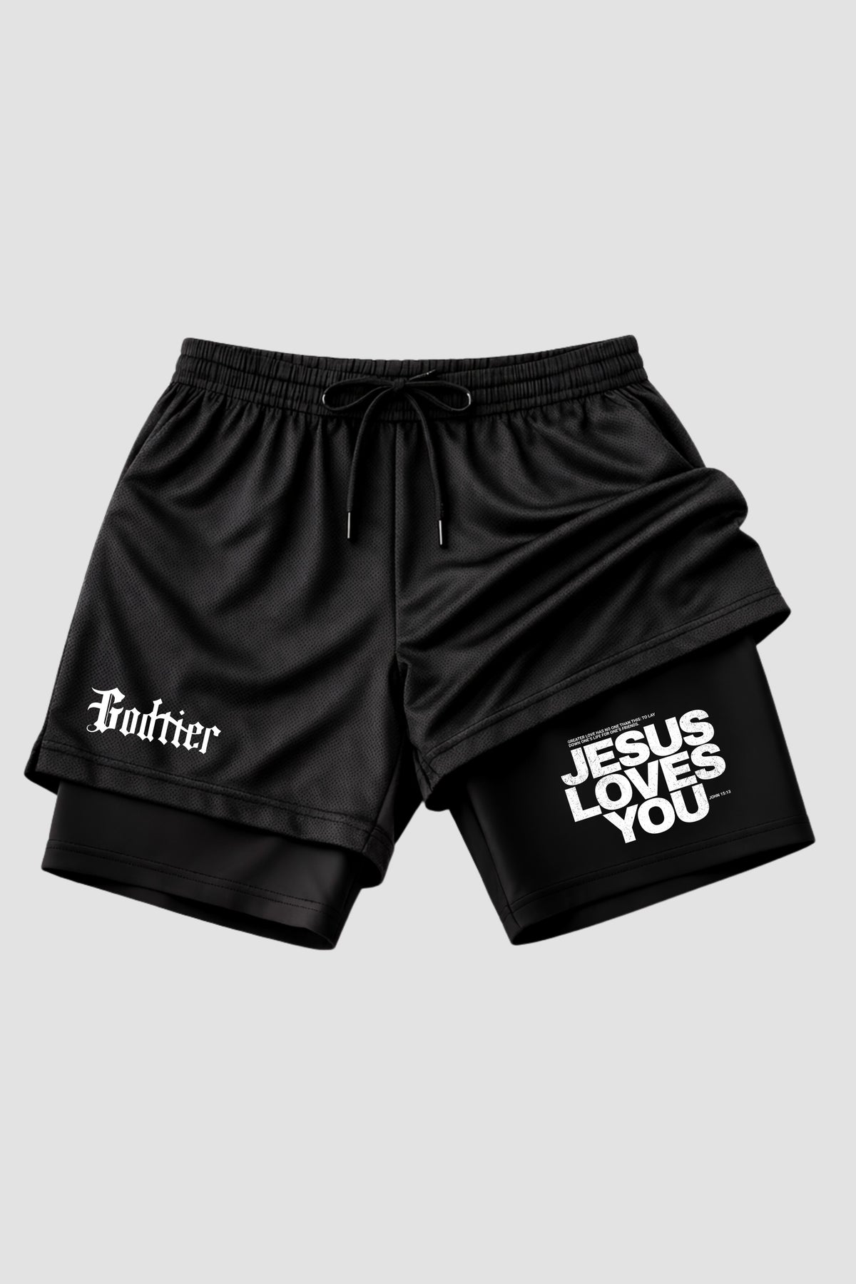 SHORTS DRY-FIT COMPRESSÃO 2 EM 1 - Jesus Loves You WHITE (com bolso interno)