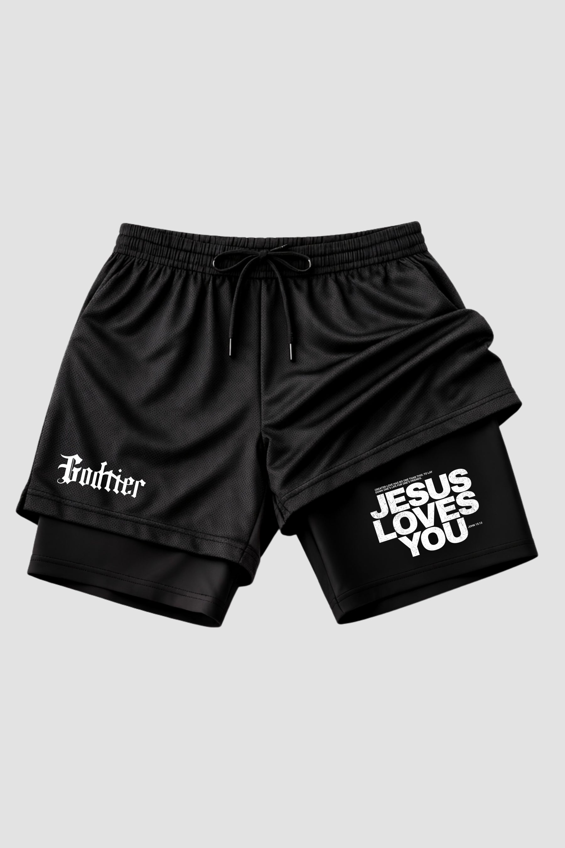 SHORTS DRY-FIT COMPRESSÃO 2 EM 1 - Jesus Loves You WHITE (com bolso interno)