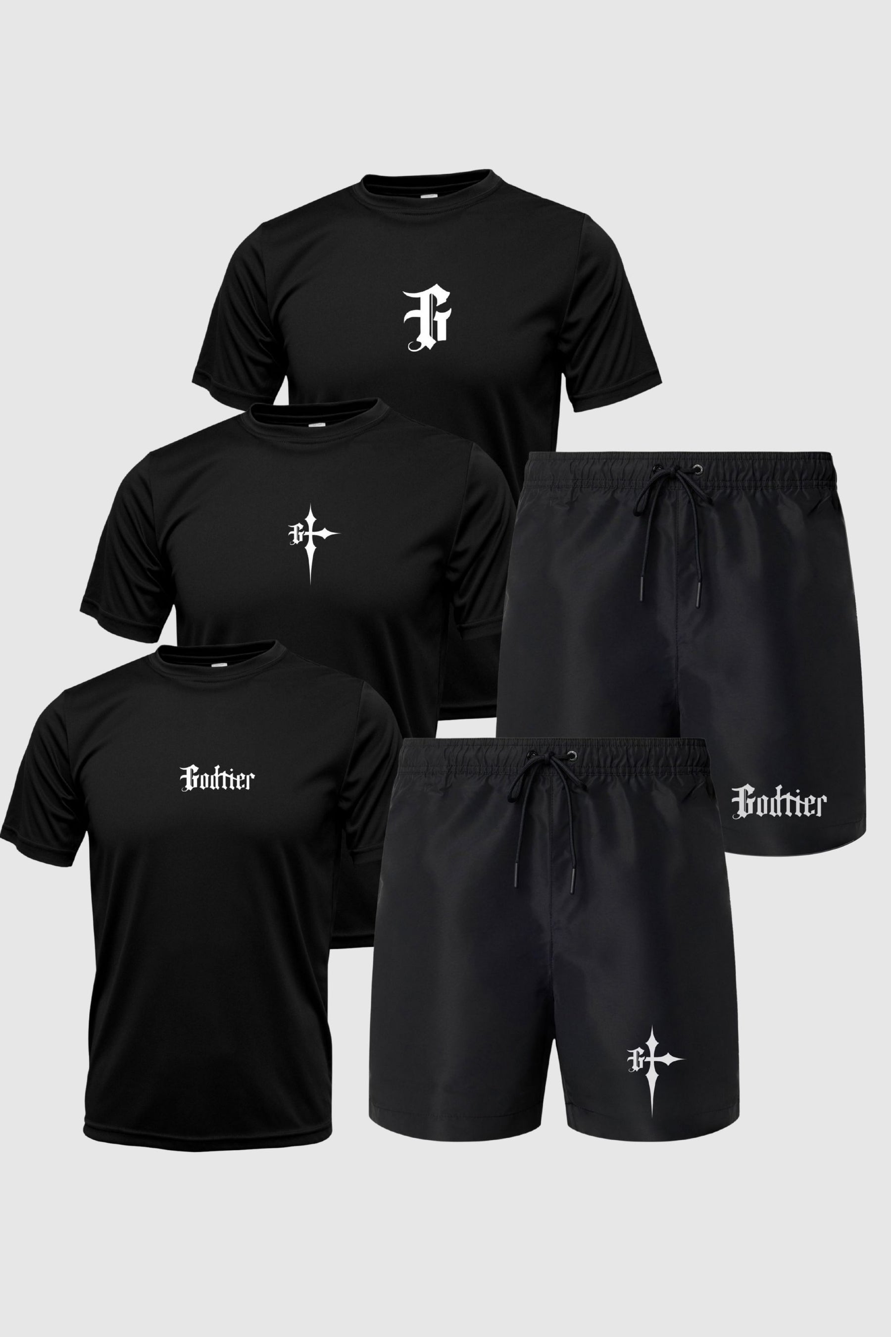 Kit 5 Peças Dry Fit: 3 Camisetas + 2 Bermudas (com bolso) [045] - Kit 5 Peças Dry Fit: 3 Camisetas + 2 Bermudas (com bolso) GodTier P P Preto